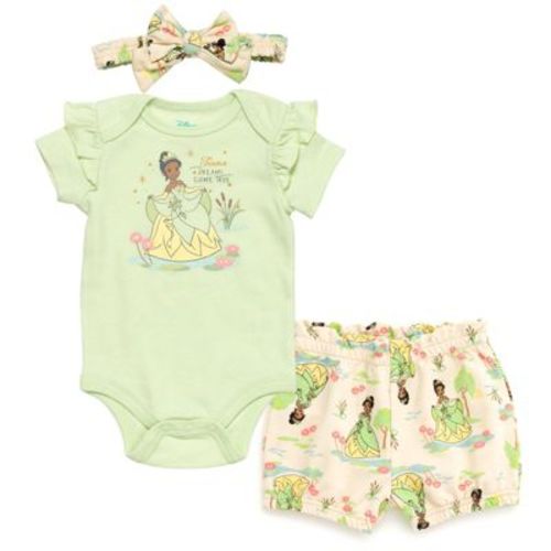 Disney Princess Tiana Infant Baby Girls Bodysuit French Terry Bubble Shorts And Headband 3 Piece Outfit Set Green 12 Months