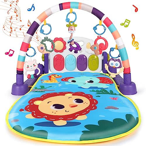 UMIKU Baby Gym Play Mats Tummy Time Mat Musical Activity Center for Newborn Infant Folding Design Piano Music & Light Newborn Infant Gifts for Baby Toys 0-3 6 9 12 Months, Animal Style