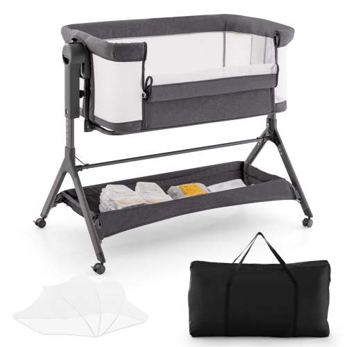 Babyjoy Adjustable Bedside Baby Crib with Storage Bag for 0-6 Months, Gray