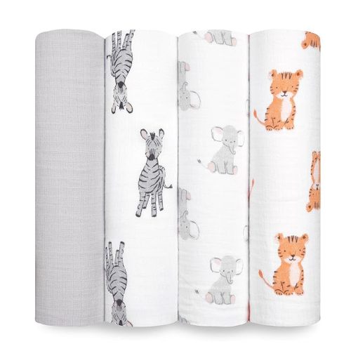 aden + anais Muslin Swaddle Blankets for Baby Girls and Boys, Newborn Receiving Blanket for Swaddling, 100% Cotton Baby Swaddle Wrap, 4 Pack, Safari Babes