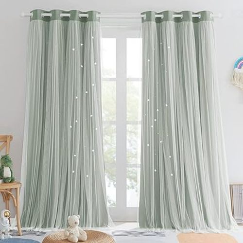 PONY DANCE Blackout Curtains - Nursery Stars Cutout Decor for Bedroom Aesthetic Window Treatment Double Layer Drapes Sheer Overlay, W 52 x L 84 Inches, Sage Green, 2 Panels