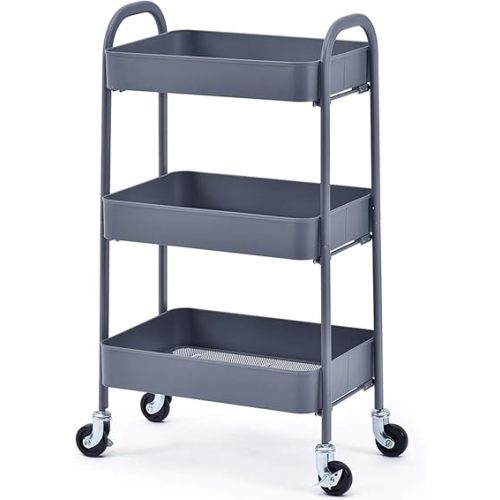 TOOLF Metal Utility Cart No Screw, 3-Tier Easy Assemble Utility Serving Cart, Sturdy Storage Trolley with Handles & Lockable Wheels for Kitchen Garage Bedroom Bathroom, Pure Grey