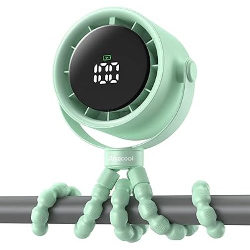 AMACOOL Baby Stroller Fan, Rechargeable Portable Clip on Fan, 17H Cooling with 5 Speeds, LED Display, 360°Rotate Personal Cooling Fans for Car Seat, Crib, Travel, Camping, Gifts for New Parents