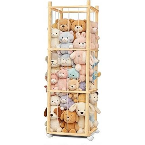 Stuffed Animal Storage, Wood Stuffed Animal Zoo Storage with Brake Wheels, Space Save Toy Organizer, Large Capacity Stuffed Animal Holder, Perfect for Nursery Playroom Kidroom Bedroom-54.3 Inch