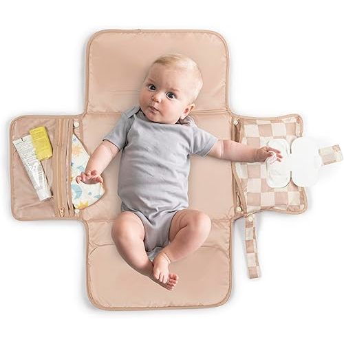Tiny Twinkle Portable Diaper Changing Pad-Foldable Waterproof Changing Mat&Portable Changing Pad for Travel,Baby Changing Station with Smart Wipes Pocket&Storage (Beige Checkers)