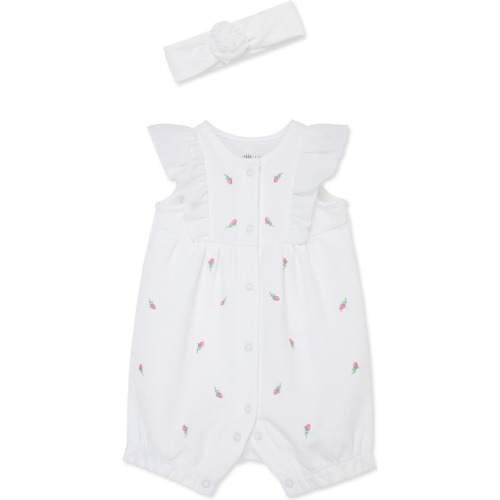 Baby Rosebud Embroidered Cotton Romper & Headband Set, 6M, White