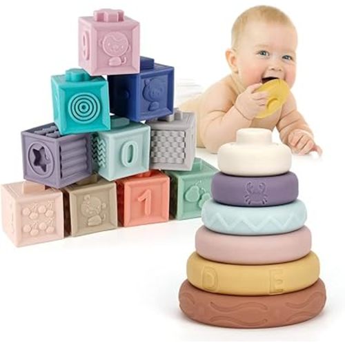 Mini Tudou Baby Blocks & Stacking Circles Toy Set, Baby Sensory Building & Teething Toys Educational Squeeze Play with Animals Shapes Textures Numbers, Best for Toddlers Babies 6m+
