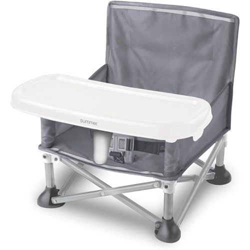 Summer by Bright Starts Pop 'N Sit Portable Booster Chair, Floor Seat, Indoor/Outdoor Use, Compact Fold, Grey, 6 Mos - 3 Yrs