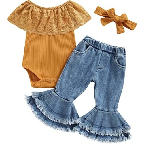 Baby Girl Outfit Infant Rib Ruffle Long Sleeve Romper Onesie Top Bell-Bottom Denim Pants Sets Cute Clothes