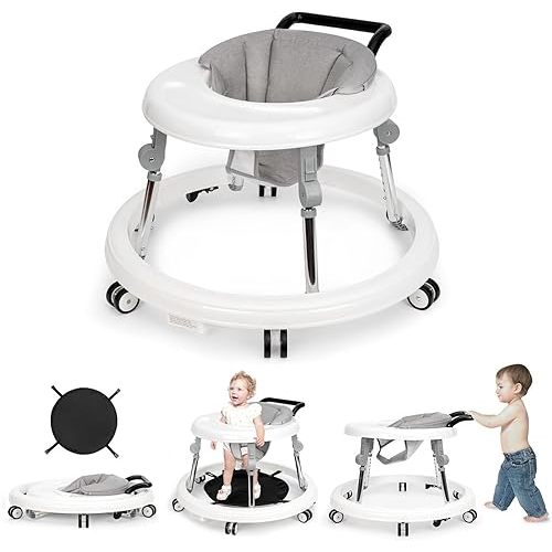 Baby Walker Foldable with 9 Adjustable Heights, Baby Walkers and Activity Center for Boys Girls Babies 7-18 Months, Baby Walker and Bouncer Combo with Wheels Portable Anti-Rollover