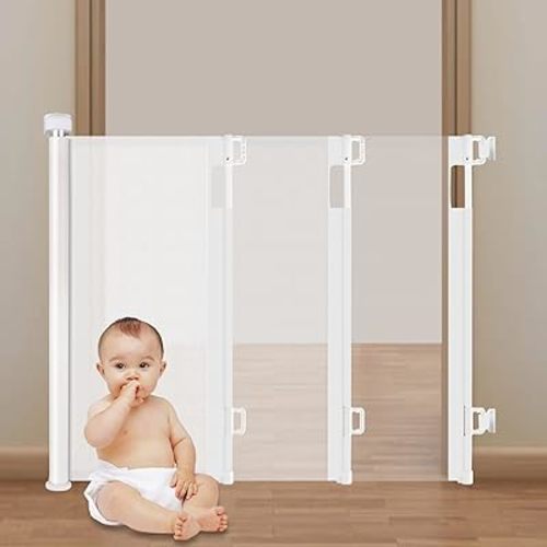 Baby Gate - Retractable Mesh Baby Gates for Stairs, Indoor Outdoor Safety Gate for Kids & Pets, Extends to 55" Wide Child Gate White