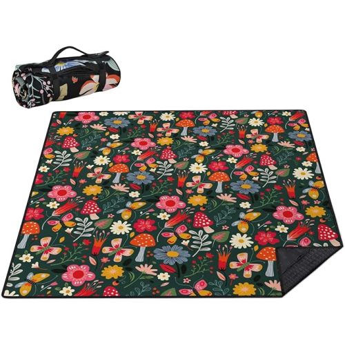 Picnic Blankets Waterproof Foldable Extra Large,80"x 80" Outdoor Beach Blanket Sandproof,3-Layer Lightweight Handy Mat Tote Picnic Camping Rugs for Outside Your Rv (Mushroom Floral butterfly)