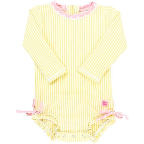 RuffleButts Baby/Toddler Girls Seersucker Long Sleeve One Piece Rash Guard Swimsuit with UPF 50+ Sun Protection