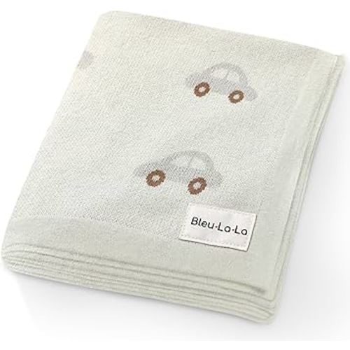 Knit Baby Blanket for Girls and Boys 100% Cotton Buttery Soft Cozy Receiving Swaddle Crib Stroller Blanket for Shower Gift Registry for Newborns, Infants, Toddlers (Cars - Cream)