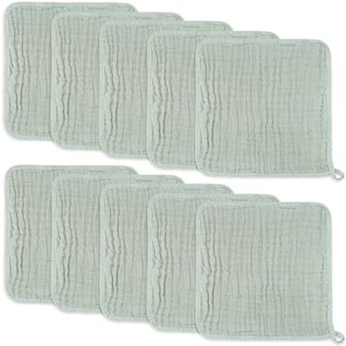 Baby Washcloths, Muslin Cotton Baby Towels, Large 10”x10” Wash Cloths Soft on Sensitive Skin, Absorbent for Boys & Girls, Newborn Baby & Toddlers Essentials Shower Registry Gift (Fern, Pack of 10)