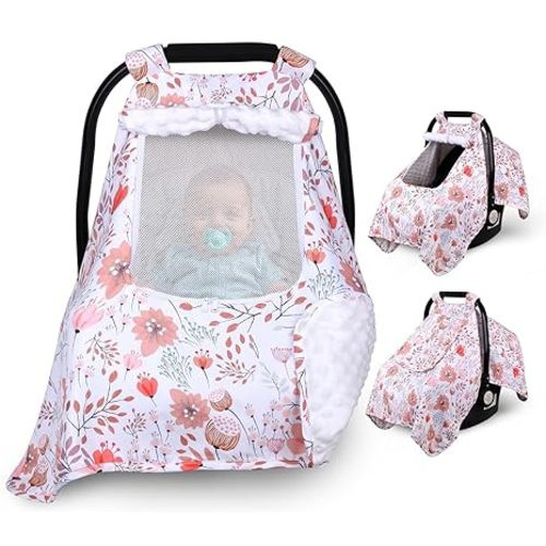 Car Seat Cover Baby Girl Boy, Floral Carseat Covers Infant Car Seat Canopy, 2 Layers Window with Breathable Mesh/Fabric, Kick-Proof Stroller Sun Shade, 40" x 30" Universal Large Size