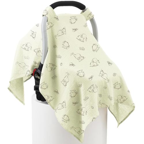 100% Muslin Cotton Car Seat Cover Baby, Carseat Canopy Cover, Universal Fit Stroller Covers for Boys and Girls (Cute Elephant)