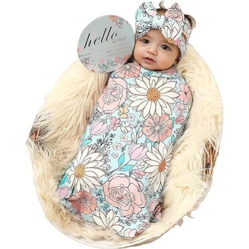 Galabloomer Newborn Receiving Blanket Headband Set Baby Flower Swaddle (Blue Glass)