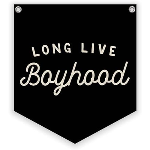 Lacama Long Live Boyhood Linen Banner, Vintage Room Decor,Boy Bedroom Wall Hanging Banner Pennant Flag Decor for Nursery Playroom Toddler Nursery Decor Kids Room,12.4x14 in(Black)