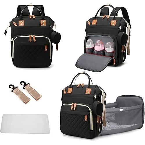 Diaper Bag Backpack with Changing Station Portable 3 in 1 Multifunction Backpack Travel mommy bag Stroller Black