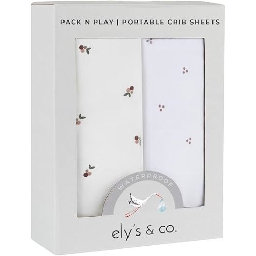 Ely's & Co. Patent Pending Waterproof Pack and Play Sheets, 100% Cotton with Waterproof Lining – 2 Pack Fitted Mini Crib Sheet Set, Berry and Cluster Dot (Lavender) 38” x 24”