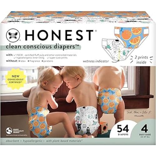 The Honest Company Clean Conscious Diapers | Plant-Based, Sustainable | Space Travel + Orange You Cute | Club Box, Size 4 (22-37 lbs), 54 Count