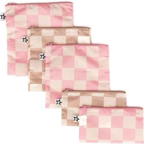 Tiny Twinkle Mess-proof Wet Bags 5 Pack Waterproof and Washable Bag for Travel storage, Stroller, Daycare, Baby Diapers, Yoga, Beach, Pool, Wet Toddler Swimsuits… (Checkers Pink Brown) - Checkers Pink Brown-5pcs