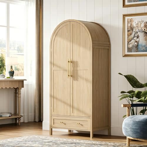 VINGLI Arched Wardrobe Closet Armoire with Drawer, 70" Tall Wooden Wardrobe Closet,Clothing Storage Cabinet, Large Capacity Storage, Natural Oak