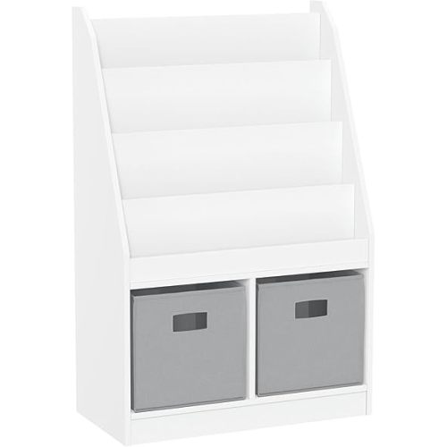 RiverRidge Kids Bookshelf & Toy Storage Organizer with 4 Book Racks, 2 Cubbies and 2 Gray Storage Bins - Versatile Book Nook Toy Tidy