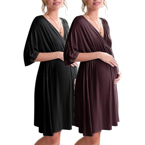 Ekouaer 3 in 1 Labor/Delivery/Hospital Gown 2 Pack Maternity Dress Nursing Nightgown Sleepwear