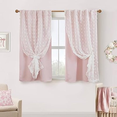 Short Blackout Curtains for Bedroom Windows,Boho Pink White Sheer Overlay Pom Pom Ruffle Double Layer Privacy Curtains for Nursery Girls Room Bathroom 45 Inch Length