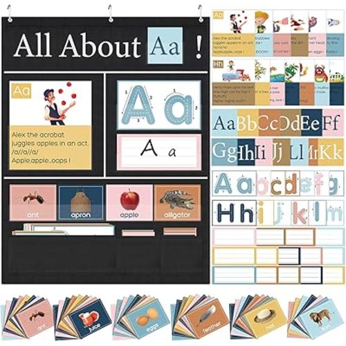 Blosssound 34" x 27" All About Letter Pocket Chart 103 ABC Flash Cards Letter of The Day Week Chart Alphabet Tracing Learning Educational Wall Poster Preschool Homeschool Learning Activities(Black)