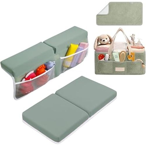 Bath Kneeler and Elbow Rest Pad (Green) and Teddy Diaper Caddy with Changing Pad (Green) Bundle