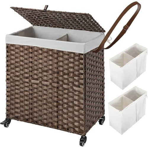 Greenstell Laundry Hamper with Wheels, No Install Needed, 110L Divided Handwoven Hampers & 2 Removable Liner Bags, Rattan Clothes Laundry Basket with Lid & Handles, Foldable Hampers Brown 22x13x26.4In