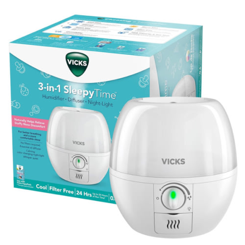 Vicks 3-in-1 SleepyTime Humidifier, No. 1 Brand Recommended by Pediatricians*. Cool Mist Humidifier with Night-Light, and Essential Oil Diffuser for Baby and Kids rooms. Visible Cool Mist, White.