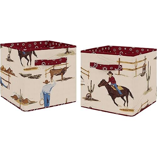 Tan and Red Cowboy Foldable Fabric Storage Cube Bins Boxes Organizer Toys Kids Baby Childrens for Wild West Collection by Sweet Jojo Designs - Set of 2