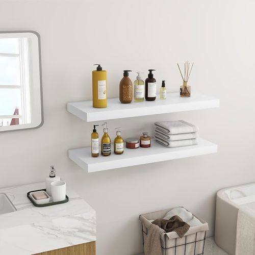 31.5Inch Floating Shelves for Wall 2 Pack Shelves for Bedroom|Kitchen|Bathroom Wall Mounted Rustic Wood Floating Shelf with Invisible Brackets for Books|Storage|Decor, White