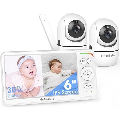 HelloBaby Baby Monitor with 2 Cameras and Audio, 6'' World First IPS Split Screen Baby Camera Monitor No WiFi, 30-Hrs Battery, ECO, 2-Way Talk, Night Vision, 1000ft, Travel Video Baby Monitor Portable