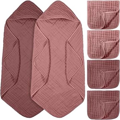 VitalCozy 6 Pcs Baby Muslin Hooded Bath Towels and Washcloths, Muslin Hooded Baby Towels Absorbent Blankets for Gift Newborn Infant Shower (Mauve,Burgundy)