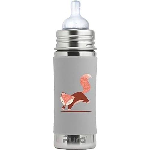 Pura Kiki 9oz/275ml Stainless Steel Infant Bottle w/Sleeve, Anti-Colic, 100% Plastic-Free, MadeSafe Certified, Medical-Grade Silicone, Medium-Flow Nipple, for Babies 3 Months & Up - (Fox)
