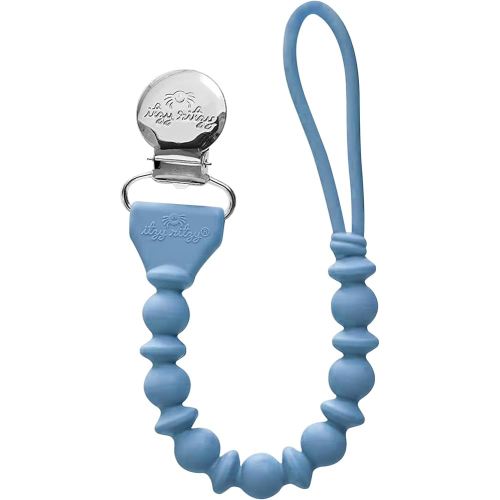 Itzy Ritzy Silicone Pacifier Clip; 100% Food Grade Silicone Pacifier Strap with Clip Keeps Pacifiers, Teethers & Small Toys in Place Features One-Piece Design & Cord (Blue)