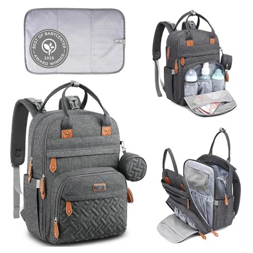 BabbleRoo Diaper Bag Backpack - Baby Essentials Travel Tote - Multi Function Water Resistant Diaper Bag, Travel Essentials Baby Bag with Changing Pad, Stroller Straps & Pacifier Case - Dark Gray