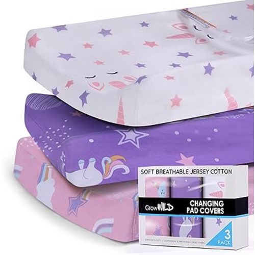 GROW WILD Changing Pad Cover 3 Pack | Soft & Stretchy Jersey Cotton | Baby Changing Table Pad Cover | Diaper Changing Pad Covers for Girls and Boys (Rainbows & Unicorn)