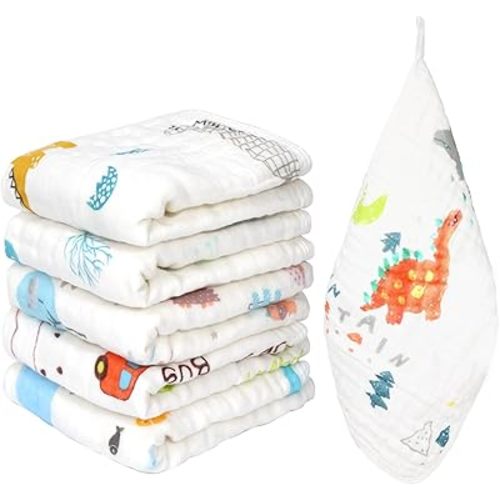 Muslin Burp Cloths 100% Cotton 20''x10'' Hand Washcloths for Baby, Super Soft and Absorbent 6 Layers Baby Burping Cloth for Boys Girls (Dinosaur & Animals, 6 Pack)