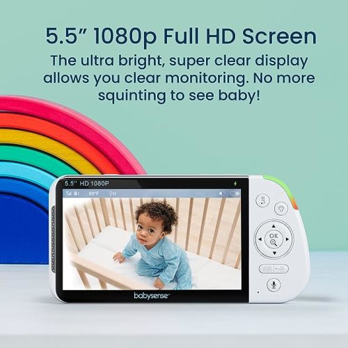 Babysense 5.5” 1080p Full HD Split Screen Baby Monitor, Video Baby Monitor with Camera and Audio, PTZ Camera, RGB Night Light, 1000ft Range, Two-Way Audio, 4X Zoom, 5000mAh Battery
