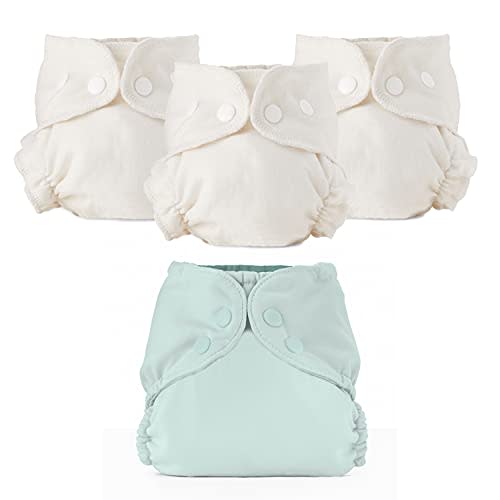 Esembly Cloth Diaper Bundle Set - 3 Organic Cotton Absorbent Inners and 1 Waterproof Outer Diaper Cover - Reusable, Washable, Snap Closure Cloth Diapers - Size 1 (7-17lbs), Mist