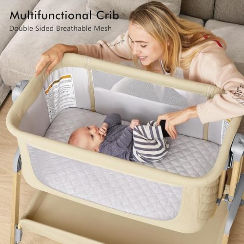 TotRun Bassinet Bedside Sleeper, Rocking Bassinets with Comfy Mattress and Wheels for Newborn, 5-Height Adjustable (Beige)