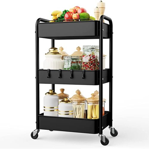 LEHOM 3 Tier Rolling Storage Cart, Metal Trolley Utility Cart with Wheels & Hooks, Easy Assembly Organizer Storage Cart for Bathroom Kitchen Office Bedroom