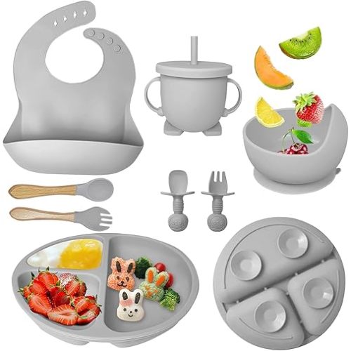 Silicone Baby Feeding Set, Baby Led Weaning Supplies with Suction Bowl Divided Plate, Toddler Self Feeding Dish Set with Spoons Forks Sippy Cup Adjustable Bib, Baby Eating Utensils (Grey)