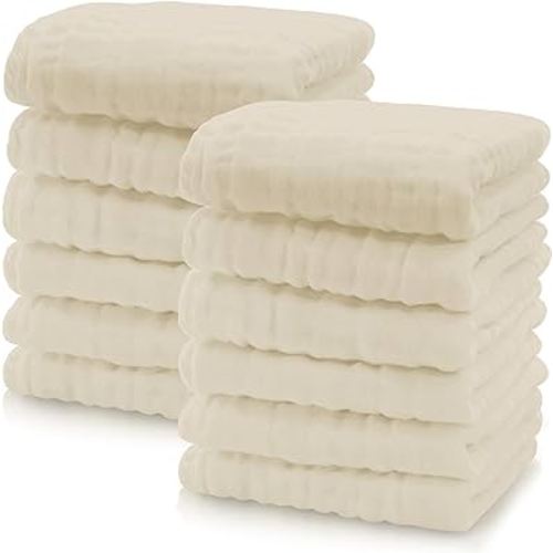 Cute Castle 12 Pack Muslin Baby Burp Cloths - Large 12'' by 12'' - Ultra Soft 100% Cotton - Super Absorbent Burp Cloths for Unisex, Boy, Girl -Ivory